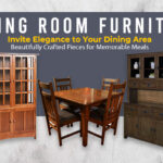 Dining room furniture display featuring a wooden dining table set, cabinets, and bar stools with the text 'Dining Room Furniture: Invite Elegance to Your Dining Area