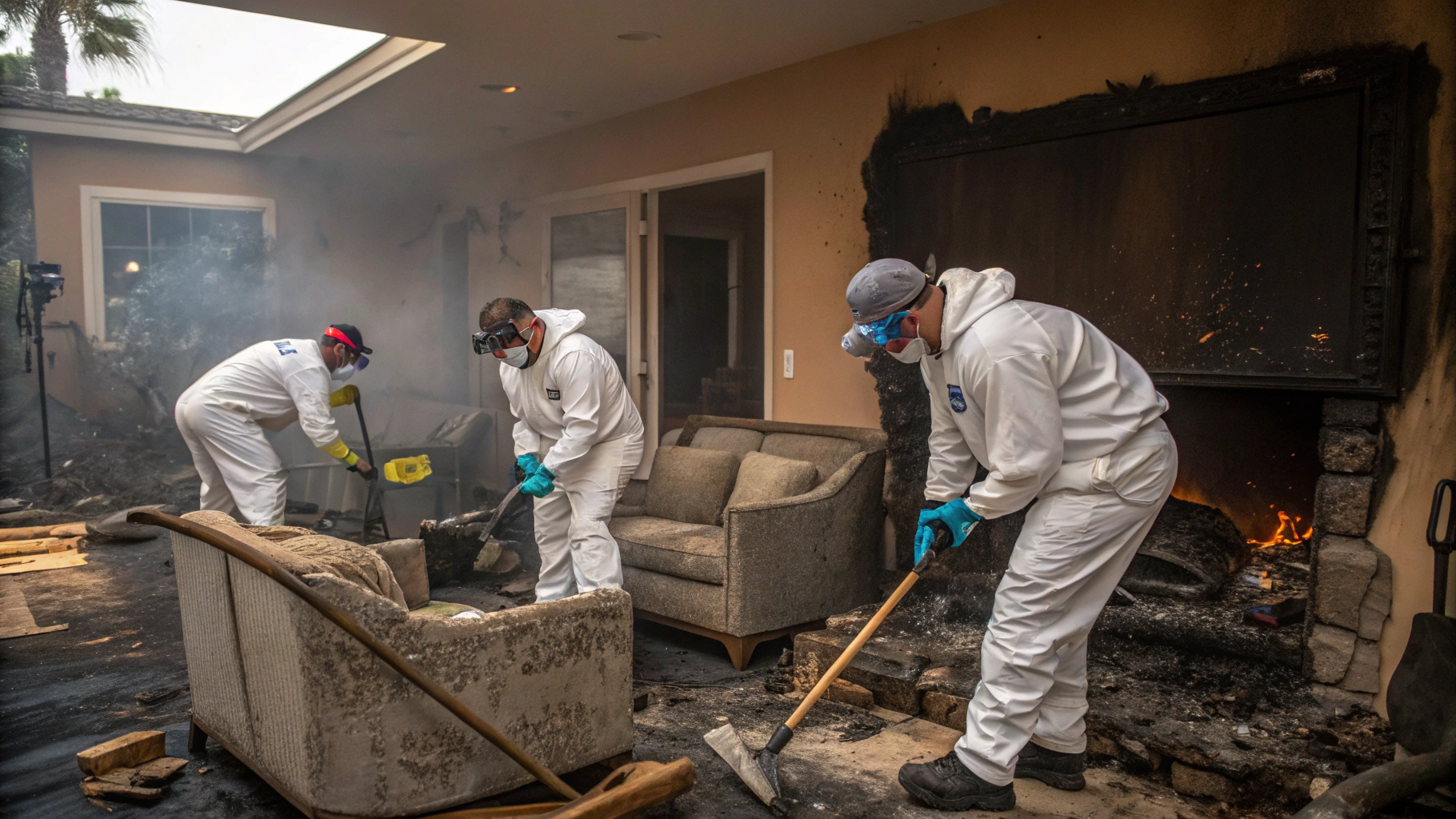 men cleaning fire damage from home